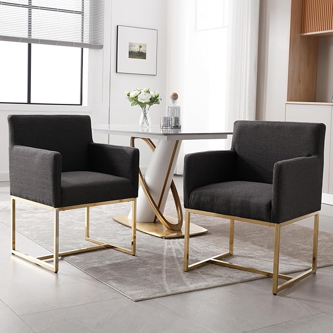 Upholstered Dining Chairs with Armrest Set of 6 Mid Century Modern Accent Chairs Armchairs with Gold Metal Frame, Modern Kitchen & Dining Room Chairs, Charcoal