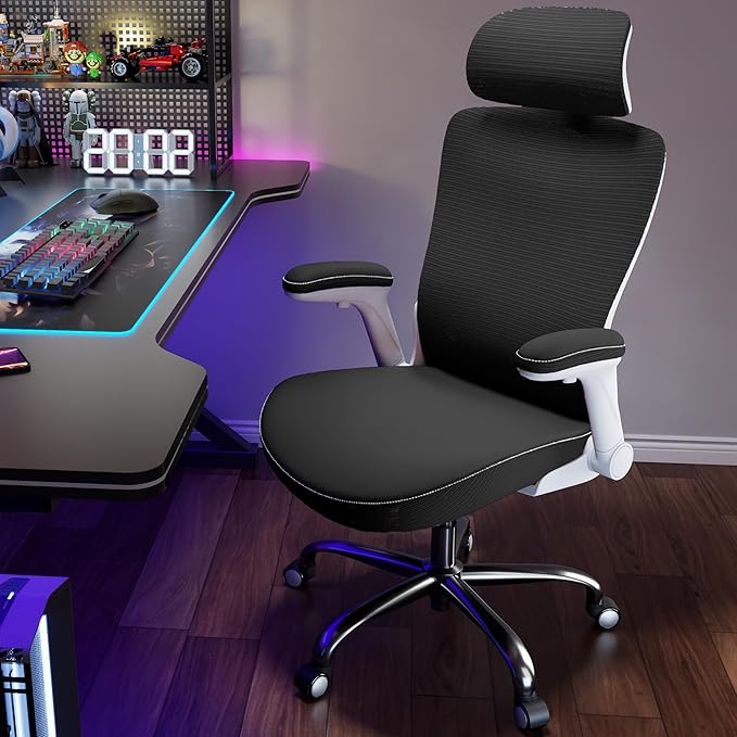 Office Home Ergonomic Desk Chair-Computer X-Shaped Chair Mesh PU Leather with Adjustable Lumbar Support-Executive Chair High Back with Headrest Flip-Up Arms for Long Hours (Light Black)