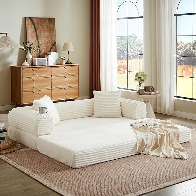 Boneless Couch Sofa Bed Sectional Couches for Living Room,Futon Cloud Couch with Sleeper Sofa,Sofas for Living Room Oversized Corduroy Upholstered (White)
