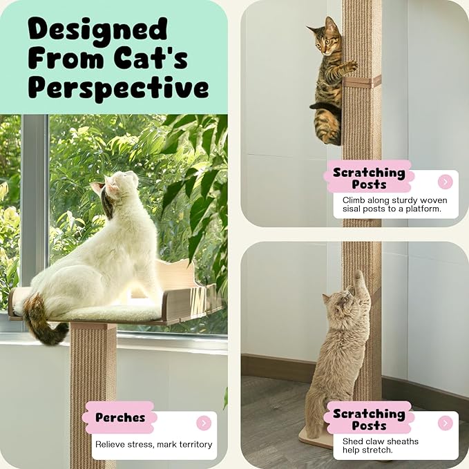 Cat Window Perch with Thick Sisal Scratching Post, Cat Hammock for Window, 53.5" Adjustable Tall Cats Scratching Post with 2 Upgrade Suction Cups, Cats Window Bed with Fuffy Cushion, Jute
