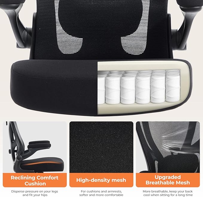 Office Chair Ergonomic Office Chair with Lumbar Support, Head Support, Rocking Function, FILP-up Armrests, Mesh High Back Chair Home Office Desk Chair, Suitable for Home, Office, Black