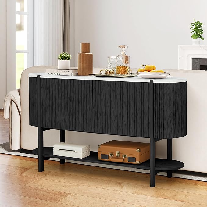 Console Table with Storage, Fluted Entryway Table with 2 Doors and Open Shelf, Long Sofa Table Behind Couch for Living Room, Hallway (Black)