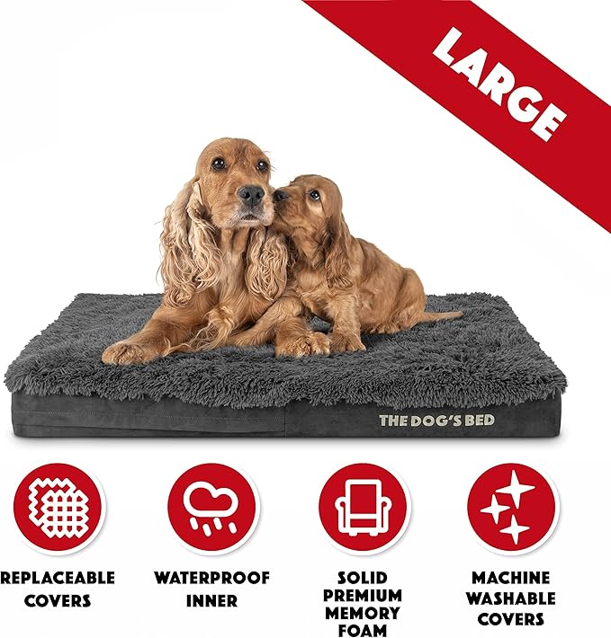 The Dog’s Bed Orthopedic Memory Foam Dog Bed, Large Grey Faux Fur 40x25, Pain Relief for Arthritis, Hip & Elbow Dysplasia, Post Surgery, Lameness, Supportive, Calming, Waterproof Cover