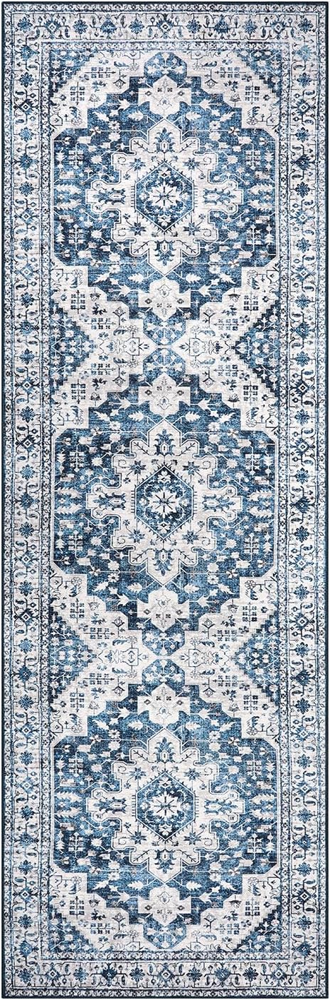 Moynesa Blue Vintage Floral Medallion Runner Rug, 2'6" x 8', Machine Washable, Non-Slip, Pet Friendly, High-Traffic Areas