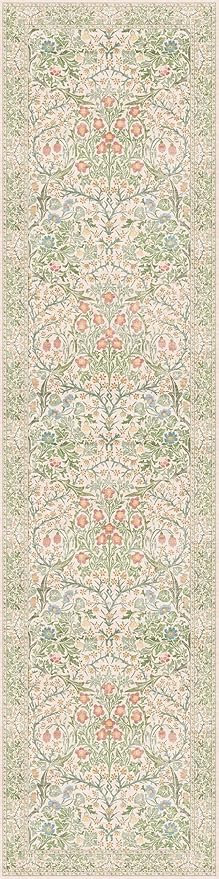 Washable Beige Green 2x10 Runner Rug for Hallway Kitchen Entryway Laundry Room, Non-Slip Stain Resistant Long Floor Mat, Vintage Floral Aethestic Design (Beige Green 2x10)