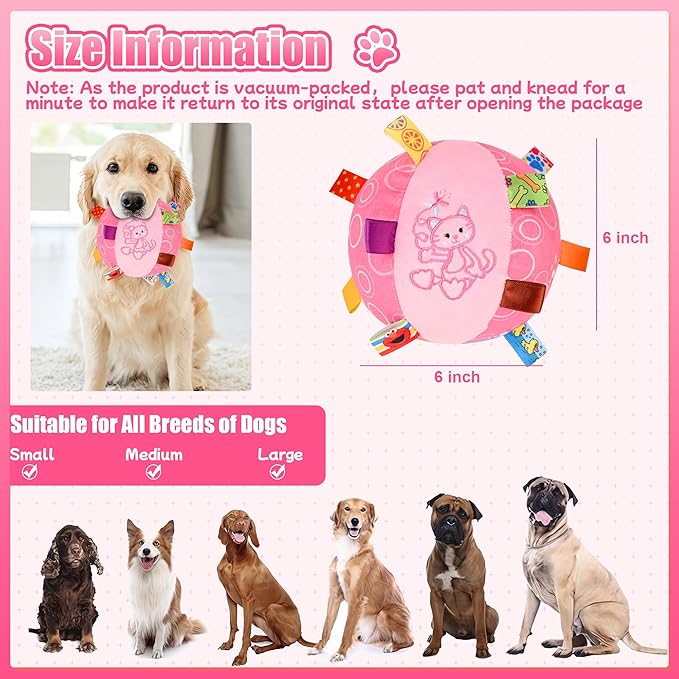 Dog Squeak Ball Toys with Tags, Interactive Dog Toys, Soft Stuffed Puppy Toys with Built-in Bell, Dog Chew Toys to Keep Them Busy for Small Medium Large Dogs - 6 Inches, Pink