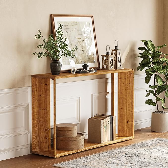 2-Tier Solid Wood Console Table for Living Room, 55" Farmhouse Entryway Table Indoor for Foyer, Hallway (Brown)