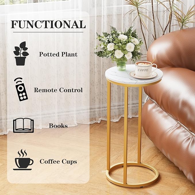 C Shaped end Table,Wood Round Side Table for Couch,Small Sofa Table with Metal Frame for Bedroom,Living Room,Bedside,Gold Color(11.81" D x 11.81" W x 23.62" H)