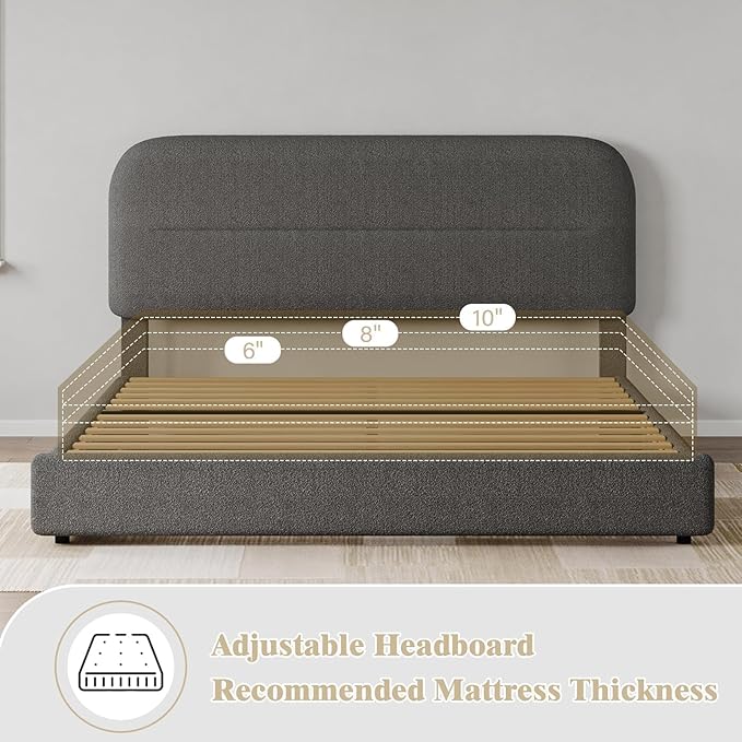HOMBCK Queen Bed Frame with Headboard, Boucle Upholstered Soft Platform Bed Frame Queen Size with Thickened Footboard, Rounded Corners Design, No Box Spring Required, Easy Assembly, Grey