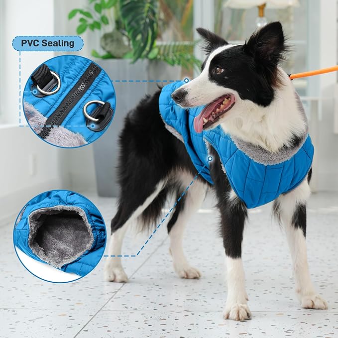 Warm Fleece Dog Coats with Durable Harness Buitl in D-Ring,Waterproof Doggie Jacket for Large Dogs,Dog Vest for Cold Winter,Light Blue XXXL