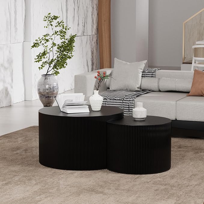 Round Nesting Coffee Table,Modern Fluted Coffee Tables Set of 2, Circle Vertical Stripe Design Drum Center Table Crescent Side Accent and Tables for Living Room (Black)