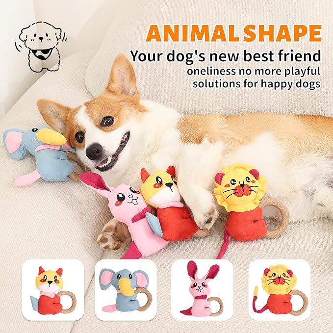 4-Pack Puppy Teething Toys, Dog Squeaky Toy to Keep Them Busy, Stuffed Toy with TPR Ring, Durable Dog Chew Toys for Small Breed