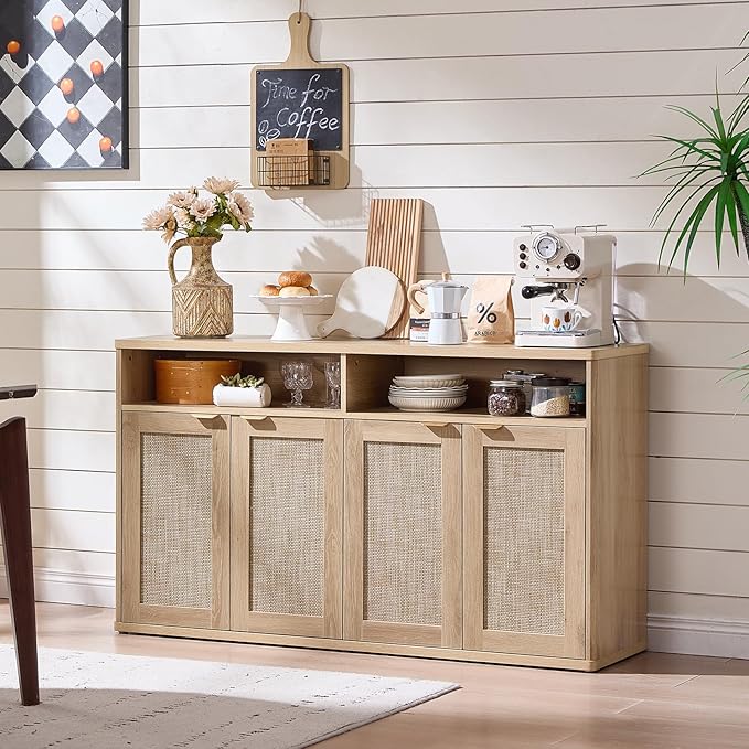 LEYAOYAO Rattan Sideboard Buffet Cabinet,55" Coffee Bar Cabinet with 4 Doors & Open Storage Shelf,Modern Credenza Console Table for Living Room Rattan Farmhouse Entryway Natural