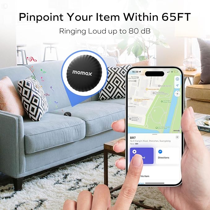 MOMAX Item Finder, Lost Key Finder Works with Apple Find My(iOS Only), Finder with APP, Sound Location, 1 Year Replaceable Battery, Key Locator for Luggage, Suitcase, Wallet