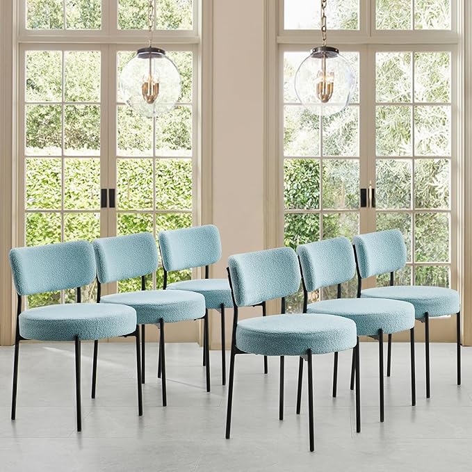 Blue Boucle Dining Chairs Set of 6, Upholstered Dinner Chair with Metal Frame, Dining Room Chairs with Padded Seat, Round Modern Seating for Living Room