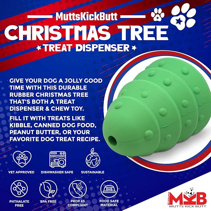 SodaPup MuttsKickButt Christmas Tree – Durable Dog Treat Dispenser & Chew Toy Made in USA from Non-Toxic, Pet Safe, Food Safe Natural Rubber for Mental Stimulation, Problem Chewing, Calming & More
