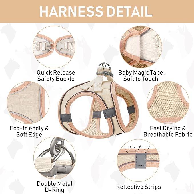 GAMUDA Small Pet Harness Collar and Leash Set, Step in No Chock No Pull Linen Fabric Soft Mesh Dog Vest Harnesses Reflective for Dogs Puppy Cats Kitten Rabbit (Khaki, M)