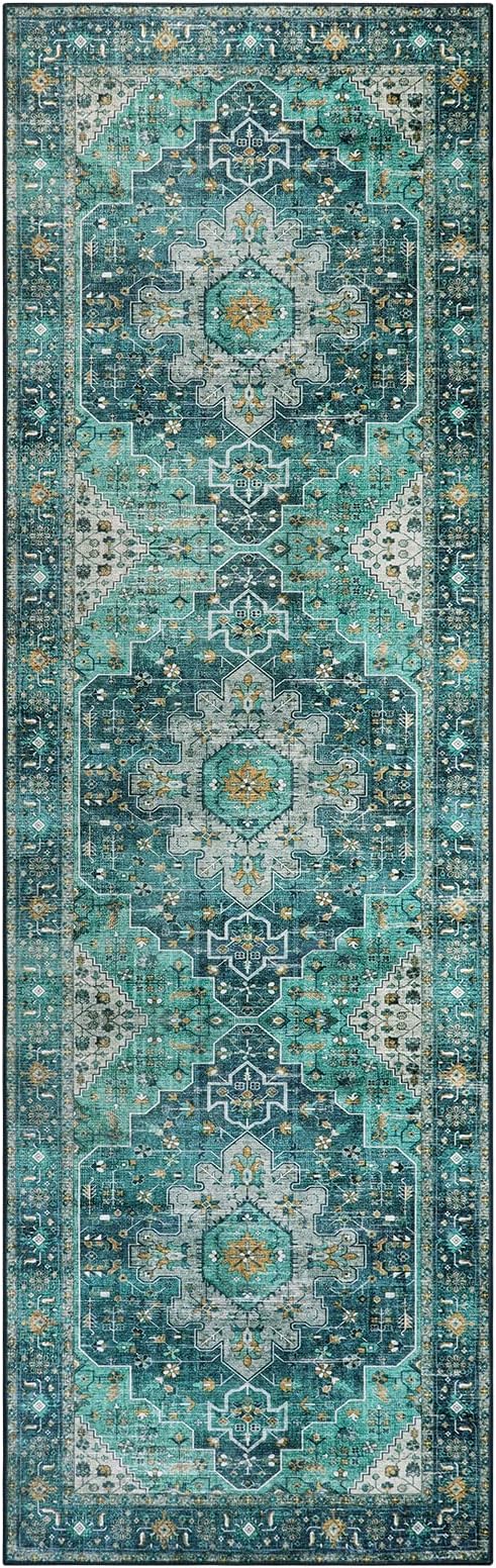 Moynesa Ultra-Thin Washable Vintage Runner Rug - 2'6"x8 Boho Hallway Kitchen Runner Oriental Medallion Bedside Mat Non-Slip Non-Shedding Indoor Throw Carpet for Laundry Entrance, Teal/Mutil