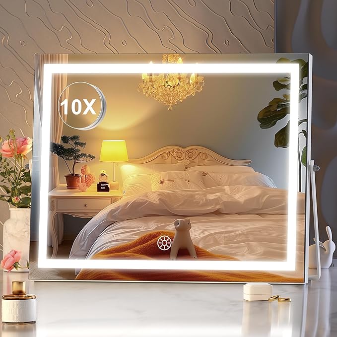 Hasipu Vanity Mirror with Lights, 17.7" x 13.8" LED Makeup Mirror with 10X Magnification, Smart Touch 3 Colors Dimmable, Brightness Adjustment, 360ยฐ Rotation, White