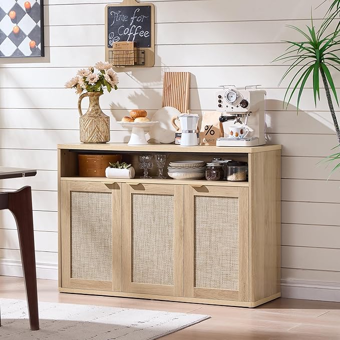 LEYAOYAO Rattan Sideboard Buffet Cabinet,45" Coffee Bar Cabinet with 3 Doors & Open Storage Shelf,Modern Credenza Console Table for Living Room Rattan Farmhouse entryway Natural