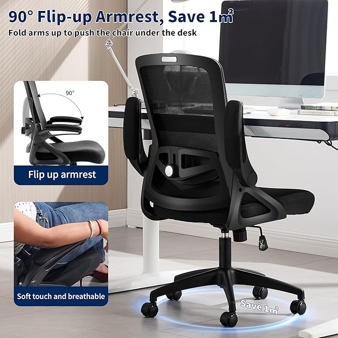 Ergonomic Office Chair, Desk Chair with Adjustable Lumbar Support, Breathable Mesh Comfy Computer Chairs with Flip-up Armrests Executive Task Chair for Adults Home Office(Black)