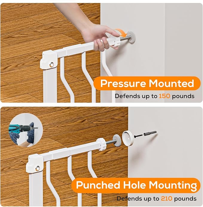 29-53" Baby Gate for Stairs, Baby Safety Essentials, Auto Close Gate for Doorways, Easy Install Pressure Mounted Dog Gate Indoor, Pet Gates for Dogs, White