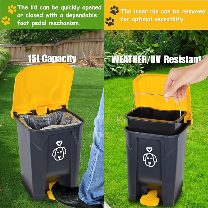 Outdoors Dog Poop Trash Can with Lid & 290PCS Waste Bags, Cute Dog Waste Trash Can for Yard, Home, Garden, Kitchen, 15 Litre Removable Inner Bin, Plastic Gray & Yellow