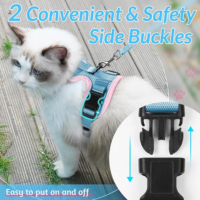 rabbitgoo Cat Harness and Leash for Walking, Escape Proof Soft Adjustable Vest Harnesses for Cats, Easy Control Breathable Reflective Strips Jacket, Light Blue&Pink, S