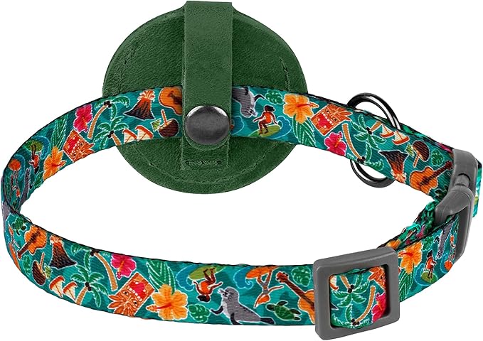 Airtag Cat Collar with Bell - Non Breakaway Soft Pet Collar with Leather Air Tag Holder - Adjustable GPS Anti-Lost Collars for Girl Boy Cats Kitten Puppies, Lightweight and Patterned (Hawaii)