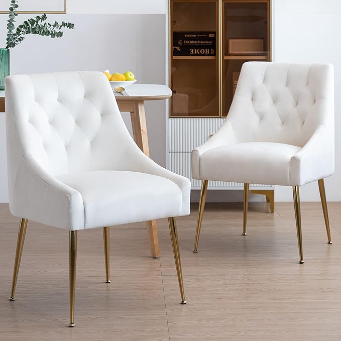 Modern Dining Chairs Set of 2, Mid Century Chairs with 5.12” Cushions and Golden Legs, Velvet Upholstered Dining Chairs with Back Pull Rod, for Kitchen, Living Room (Beige)