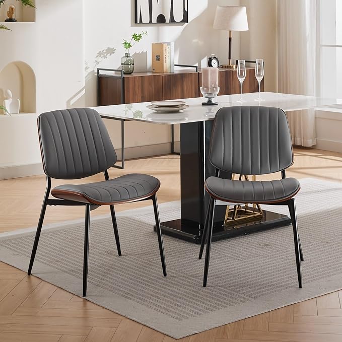 Dining Chairs Set of 8, Mid Century Modern Accent Dining Room and Kitchen Chairs, Upholstered PU Leather Vertical Stripe Chairs for Vanity with Walnut Bentwood and Metal Legs, Gray