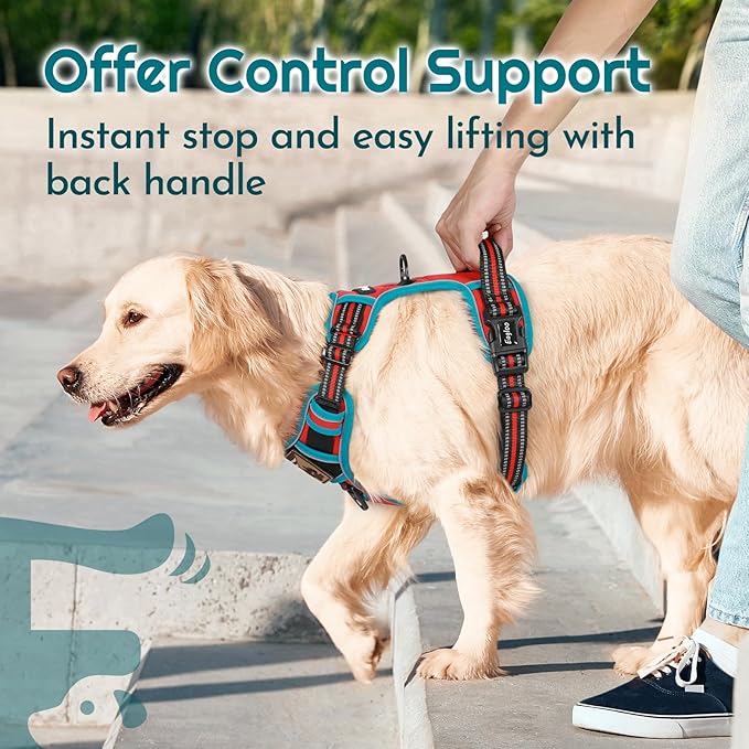 Eagloo Dog Harness Small Sized, Easy Wearing with 3 Buckles, Adjustable No Pull Pet Harness with 2 Rings for Walking, No Chock Reflective Soft Padded Vest with Control Handle, Red & Teal, S