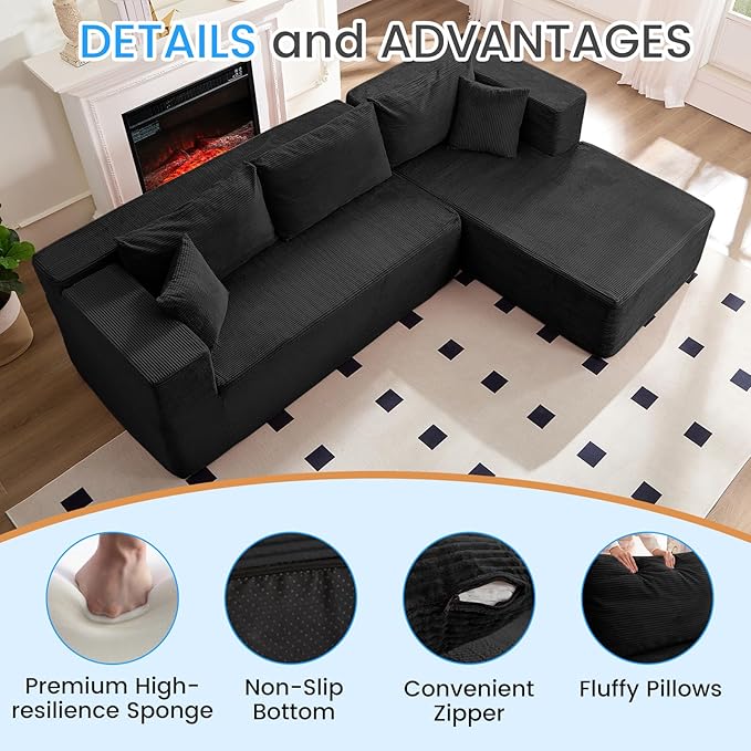 PUREMIND 106" Black Sectional Couches for Living Room, Cloud Couch Modular Sectional Sofa, Corduroy L Shape Sofa with Deep Seat, Modular Boneless Foam Couch Corner Couches No Assembly Required