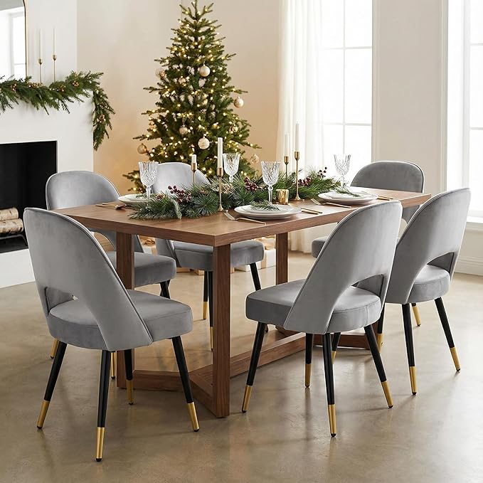 LukeAlon Classic Velvet Dining Chairs Set of 4, Upholstered Open Back Kitchen Chairs with Metal Legs Armless Side Chairs Mid Century Dining Chair for Dining Room, Grey