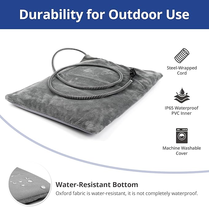 Outdoor Heated Cat Bed, Soft Pet Heating Pad with Steel-Wrapped Cord, Outside Pet Warmer for Feral Cats and Dogs, 15.7" x 11.8", 30 Watts