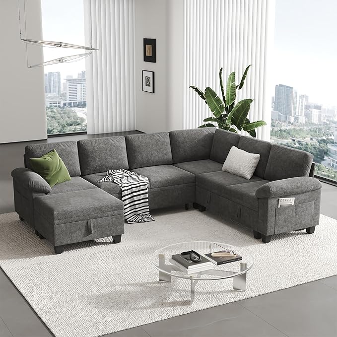 100" Modular Sectional Sleeper Sofa with Pull Out Bed,U Shaped 7 Seat Sectional Sofa with Storage,Modular Couch for Living Room,Deep Seat Couch with Removable Sofa Cover,Gray