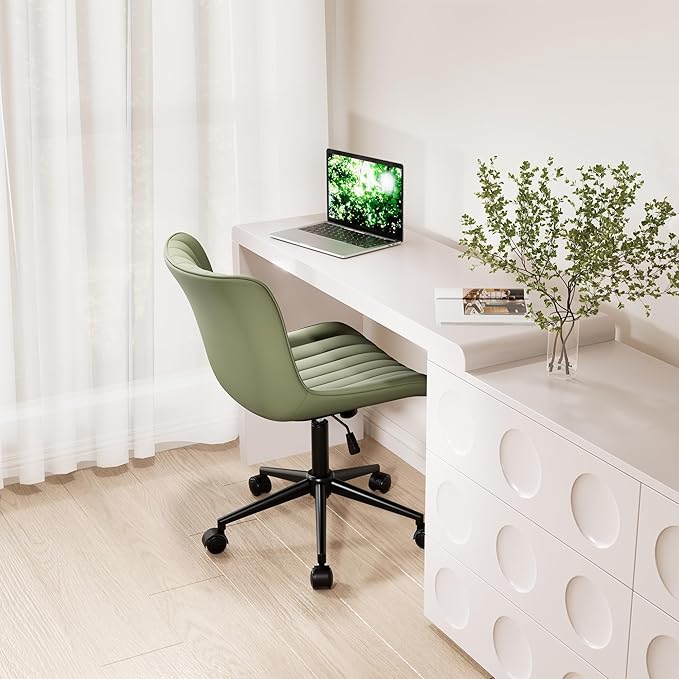 Kidol & Shellder Olive Green Leather Home Office Desk Chair with Wheels Modern Cute Armless Executive Swivel Vanity Chair with Comfy Padded Back Ergonomic Rolling Adjustable Computer Task Chair Small