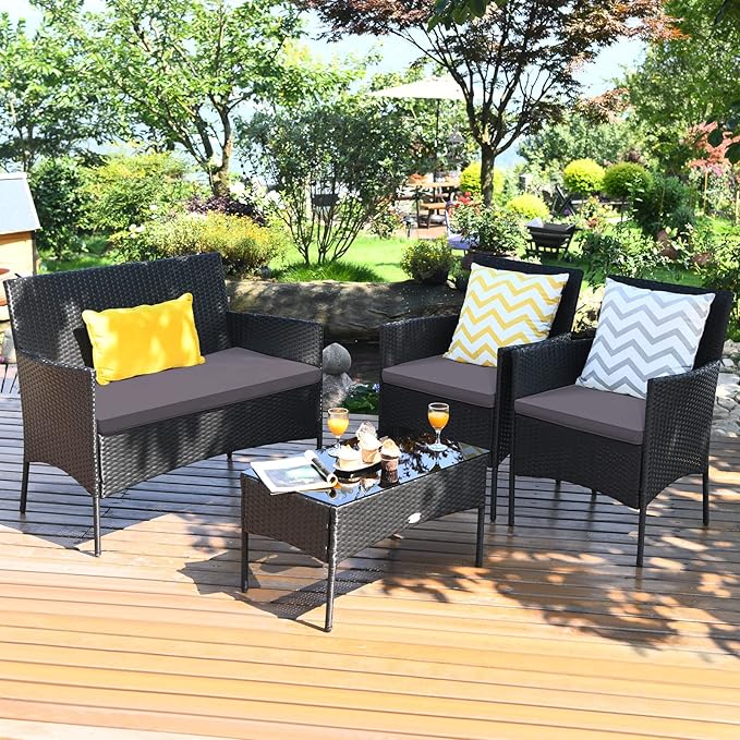 Tangkula 4 Pieces Patio Furniture Set, Outdoor Wicker Conversation Set with Tempered Glass Tabletop, Rattan Sofa and Chairs Set with Off White & Grey Cushion Covers