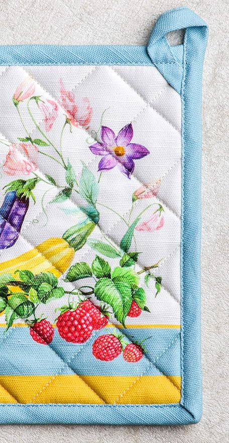 Maison d' Hermine Pot Holders 100% Cotton Heat Resistant Potholders 8" x 8" Hot Pads with Loop BBQ, Cooking, Baking, Grilling, Kitchen, Handling Hot Pans Spring/Summer (Pack of 1, Giverny)