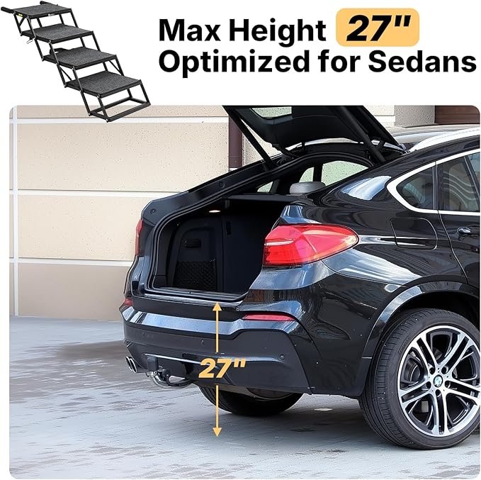 Veehoo Foldable Dog Stairs for Large Dogs, 4 Steps Folding Dog Ramp for Car Sedan Vehicle 17" Wide, Heavy Duty Outdoor Pet Steps Ladder with Non Slip Rug Surface for Old Dogs, Support up to 200 lbs