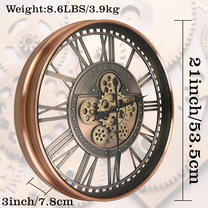 DORBOKER Real Moving Gears Wall Clock Large Modern Metal Clocks for Living Room Decor, Industrial Steampunk Unique Vintage Rustic Decorative Clock for Home Farmhouse Office, 21 Inch,Red Copper Roman