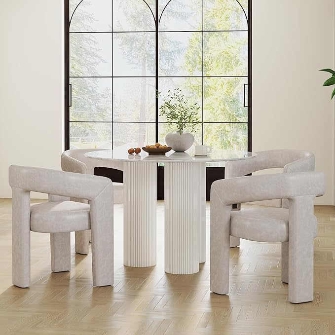 Modern Barrel Dining Chairs Set of 5, PU Leather Upholstered Accent Side Chair with Arms Comfy Makeup Vanity Chairs, Dining Living Room Kitchen Chairs, Grey