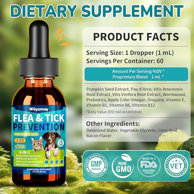 4-IN-1 Flea and Tick Prevention Drops for Dogs and Cats, Natural Cat & Dog Flea and Tick Treatment, Supports Flea Defense, Gut Health, Skin & Coat Nourishment, and Immune Support, Bacon Flavor