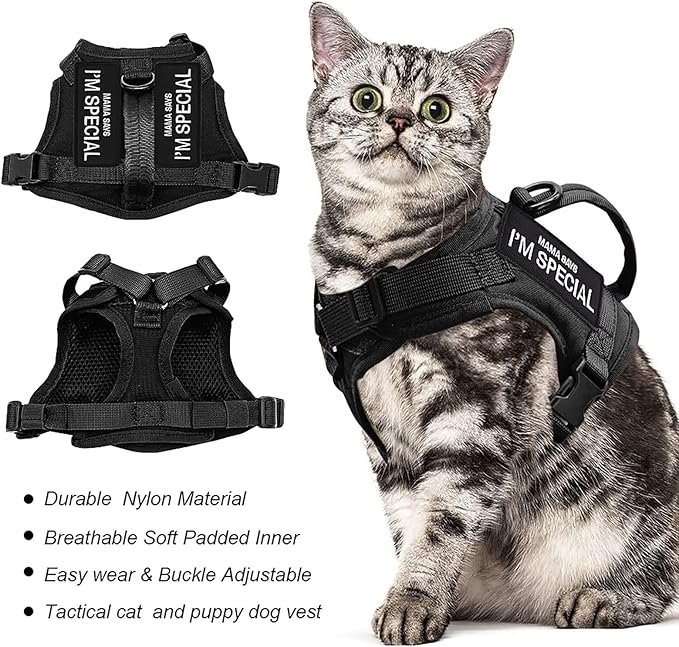 Forestpaw Cat Harness Escape Proof for Walking,Adjustable Cat Vest Harness with Soft Mesh Padded,Tactical Cat Harness with Control Handle,Molle Patches,Black
