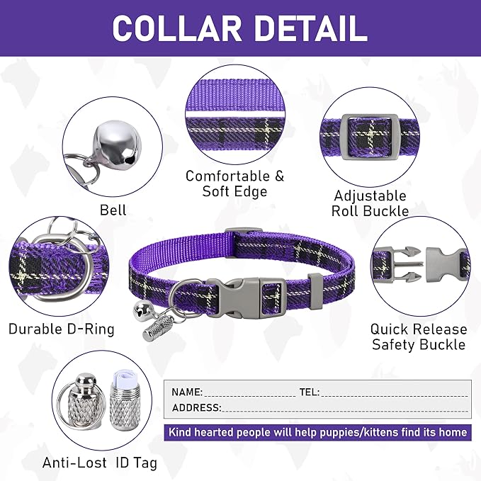 GAMUDA Small Dog Harness Collar and Leash Set, Step in No Chock No Pull Soft Mesh Adjustable Dog Vest Harnesses Plaid Reflective for Dogs Puppy Cats Kitten Rabbit (Purple, L)