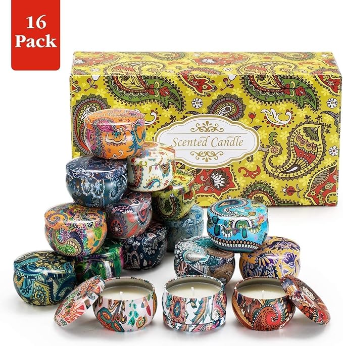 Scented Candles Gift Set, Natural Soy Wax Portable Travel Tin with Strongly Fragrance Essential Oils for Stress Relief and Aromatherapy - 16 Pack