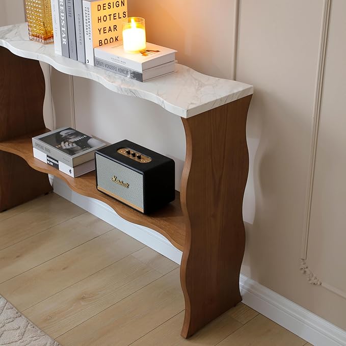 47-Inch Long Console Table, Marble Wooden Rectangular Sofa Table Behind The Couch, with Storage Shelf, Farmhouse Entryway Table for Entrance, Hallway, Living Room (Marble+Walnut)
