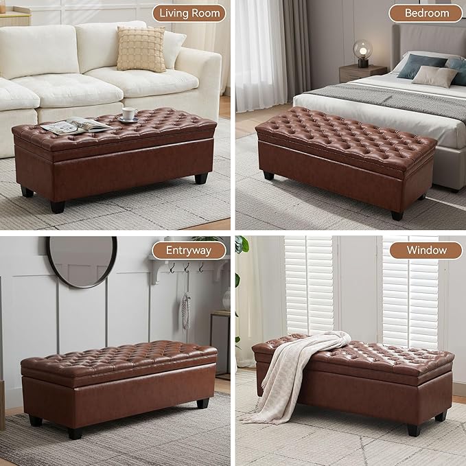 50" Faux Leather Storage Ottoman Bench, Upholstered Rectangle End of Bed Storage Ottoman Tufted Living Room Bedroom Bench with Safety Hinge, Solid Wood Legs, Loads 500 lb(Brown)