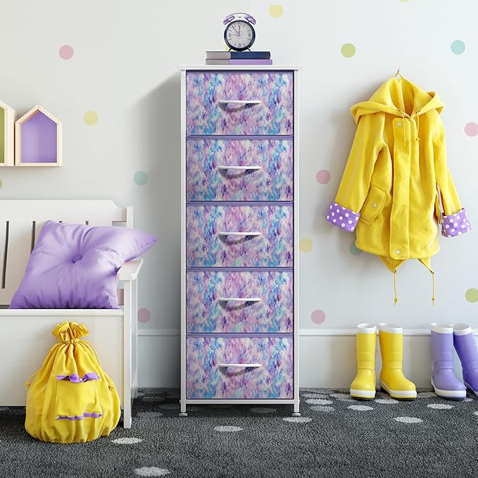Sorbus Fabric Dresser for Kids Bedroom - Chest of 5 Drawers, Tall Storage Tower, Clothing Organizer, for Closet, for Playroom, for Nursery, Steel Frame, Fabric Bins - Wood Handle (Tie-dye Purple)