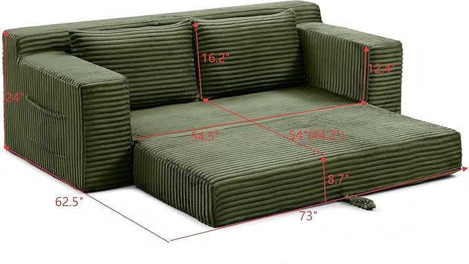 73" Cloud Loveseat Sofa Couch in a Box, 2 Seater Boneless Couch, Convertible Pull Out Sofa Bed with Pillows, No Assembly, Memory Foam, Modern Small Couches for Small Spaces (A-Green)